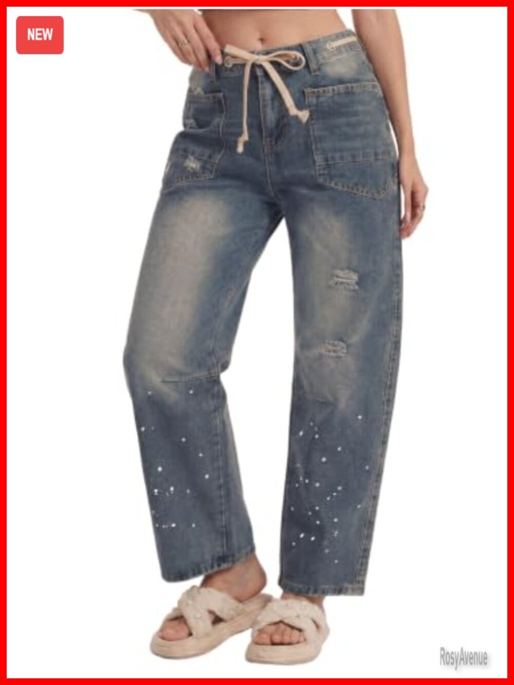 Women's Vintage Drawstring Jeans Mid-Low Rise Straight Leg Denim Pants